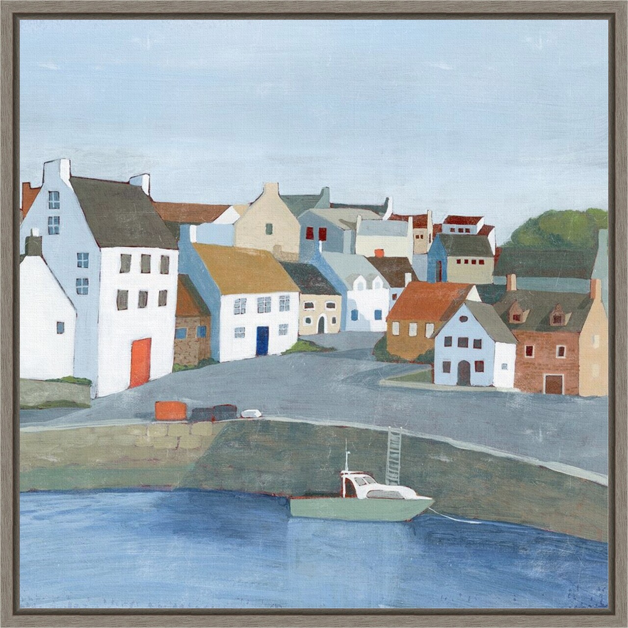 Old Coast Town and Boat II by Grace Popp 16-in. W x 16-in. H. Canvas Wall Art Print Framed in Grey